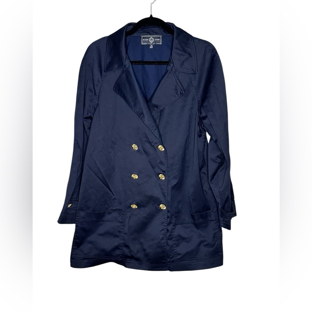 St. John Midnight Blue Trench Coat with Gold Accents